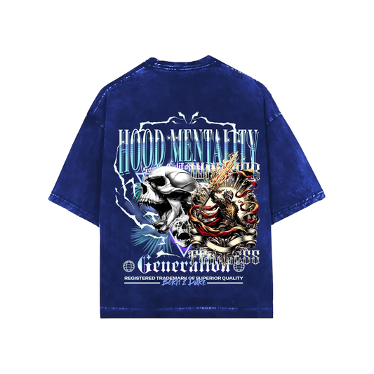 THE HOOD MENTALITY ROYAL BLUE ACID WASH OVERSIZED TEE