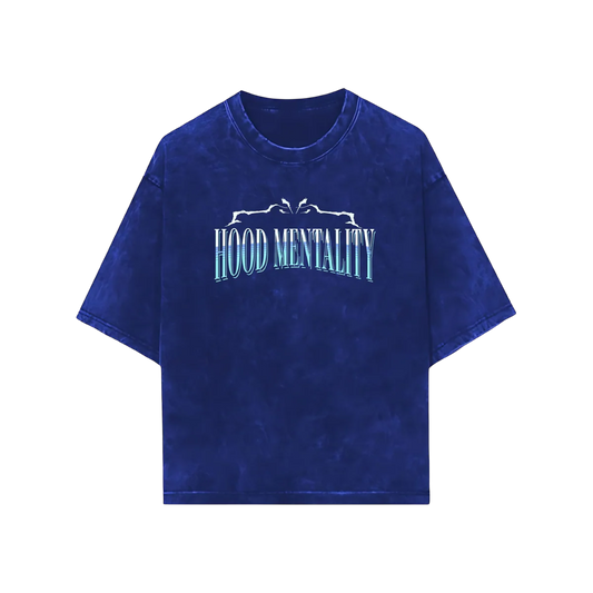 THE HOOD MENTALITY ROYAL BLUE ACID WASH OVERSIZED TEE